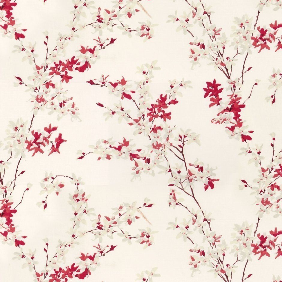 Forsythia rosehip2 floralt gardinstoff i rødtoner
