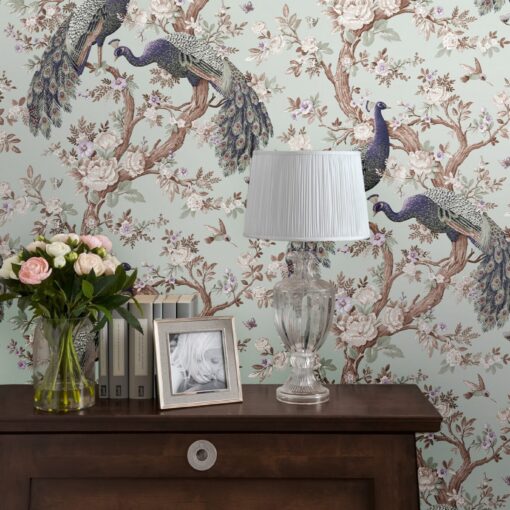 tapet med påfugler i duck egg