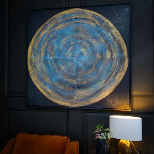 Clarice veggbilde – abstrakt maleri i sort, blått og gull 120 x 120 cm