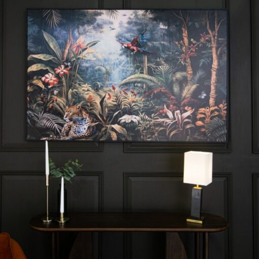 Dacosta veggbilde i glass – tropisk jungel med papegøye og leopard 100 x 150 cm
