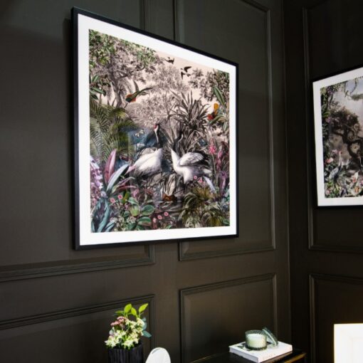 Herman veggbilde – tropisk kunst med traner og frodig natur 100 x 100 cm