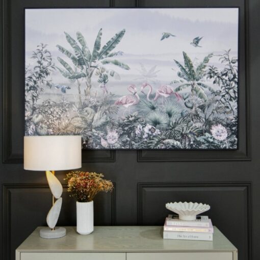 Hickling veggbilde i glass – flamingoer i tropisk landskap 100 x 150 cm