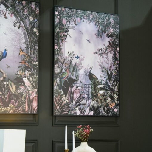 Percival veggbilde i glass – tropisk kunst med påfugl og papegøye 120 x 80 cm