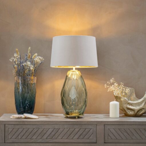 Vivian – bordlampefot i røkt grønt glass med gullfarget base