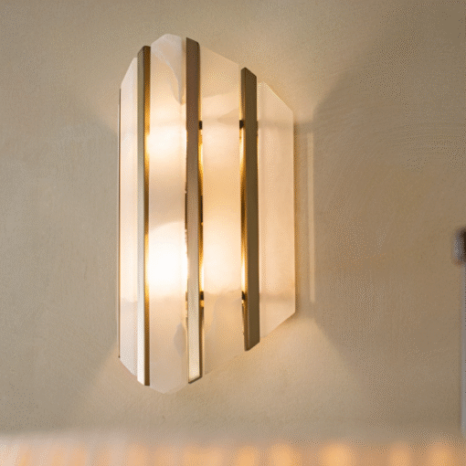 Morterero IP44 vegglampe i alabast og champagnefarget metall